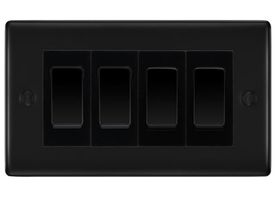 BG Nexus Matt Black 4 Gang 20AX 2-Way Switch Custom Grid - Black Insert by British General (BG-Nexus-FB-4G-Combo-4x 2WAY-BL)