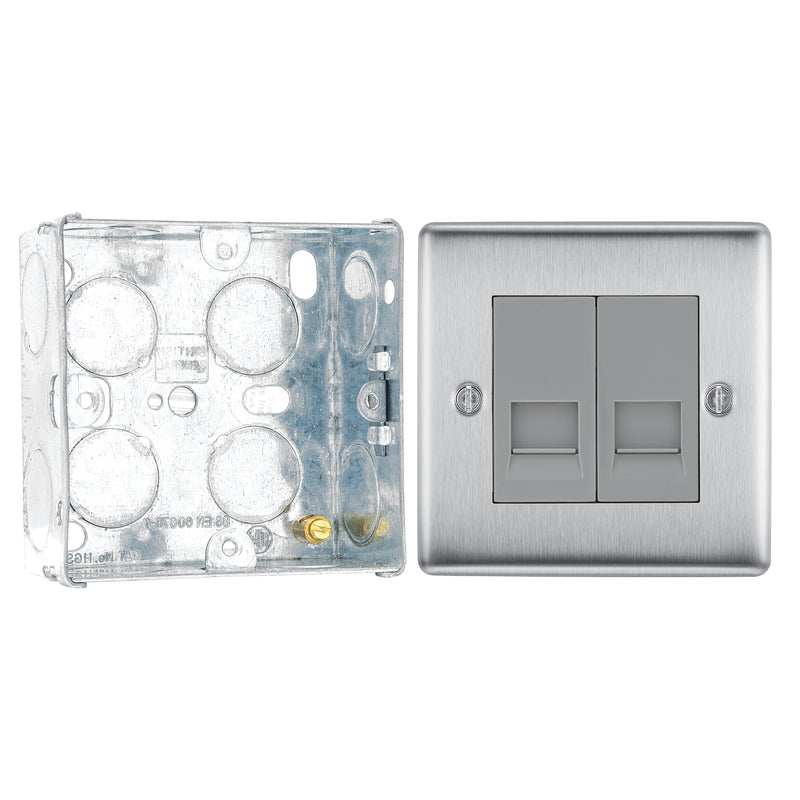 BG Nexus Brushed Steel 2 Gang RJ11 Double Data Outlet NBSRJ112 with 35mm Steel Back Box