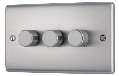 BG NBS83 Nexus Metal Brushed Steel 3 Gang 200W 2 Way Trailing Edge Push Type Dimmer Switch by British General (BG-NBS83)
