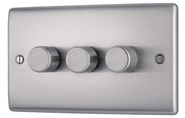 NBS83 Front -This trailing edge triple dimmer switch from British General allows you to control your light levels and set the mood.