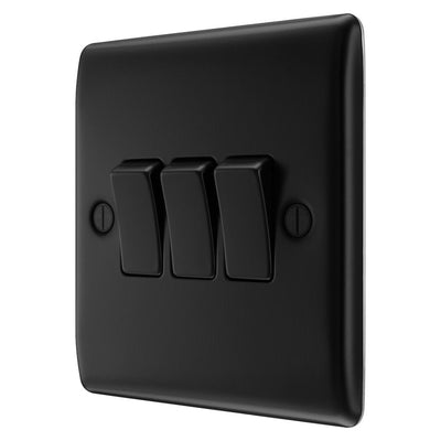 BG Nexus Matt Black 20A 16AX 2-Way Triple Light Switch NFB43 with 35mm Steel Back Box