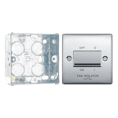 BG Nexus Polished Chrome 10A Triple Pole Fan Isolator Switch NPC15 with 35mm Steel Back Box