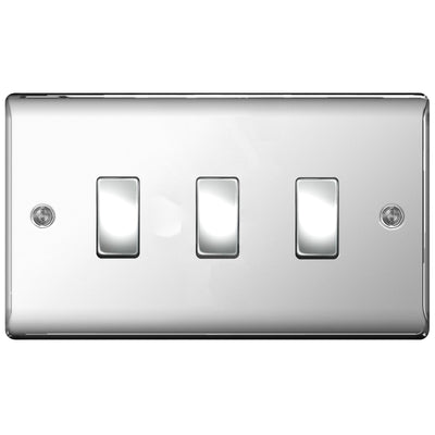 BG Polished Chrome 3 Gang light Switch in Double Format Custom Grid Mirror by British General (BG-NEXUS-PC-3G-CUSTOM-LIGHT-SWITCH)