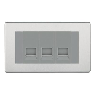 BG Screwless Brushed Steel 3 Gang Secondary Telephone Socket, Screw Terminal - Grey Insert