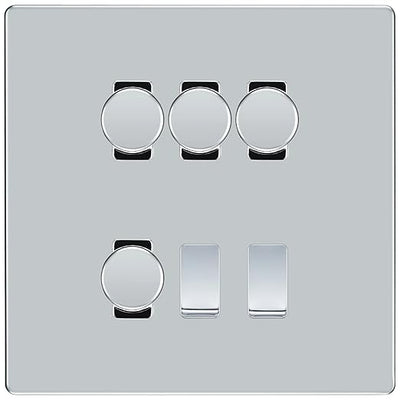 BG Screwless Polished Chrome 6 Gang Light Switch 4x Trailing Edge LED Dimmer, 1x Intermediate, 1x 2-Way Switch by British General (BG-SCRL-PC-6G-4x-Dimmer-1x-INT-1x-2Way)