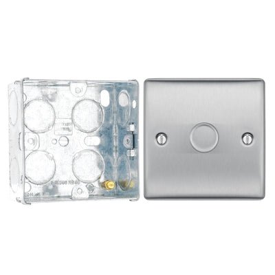 BG Nexus Brushed Steel 200W 2 Way Trailing Edge Single Dimmer Switch NBS81 with 35mm Steel Back Box