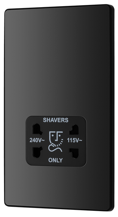 PCDBC20B Front - This Evolve Black Chrome dual voltage shaver socket from British General is suitable for use with 240V and 115V shavers and electric toothbrushes.