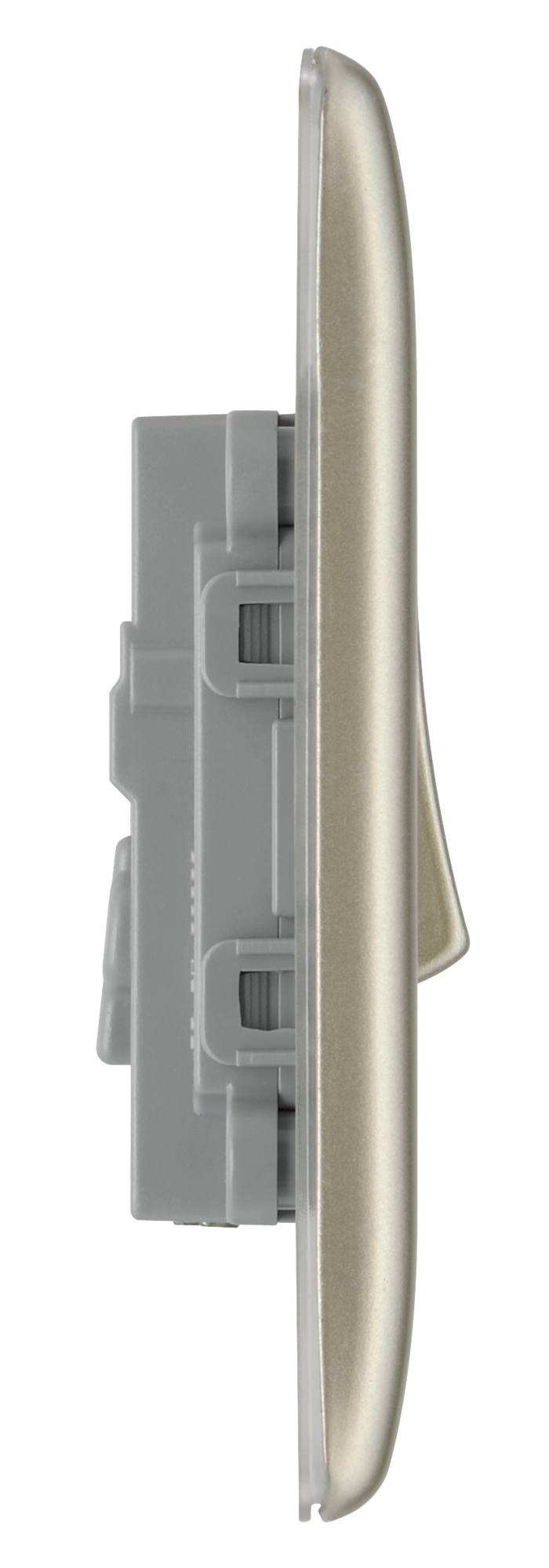 NPR13 Side - This pearl nickel finish 20A 16AX intermediate light switch from British General should be used as the middle switch when you need to operate one light from 3 different locations such as either end of a hallway and at the top of the stairs.