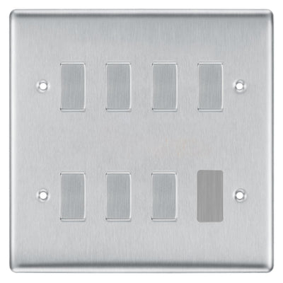 BG Brushed Steel 7 Gang Intermediate Custom Grid Light Switch with Back Box Included by British General (BG-NEXUS-BS-7G-CUSTOM-7x-INT-SWITCH)