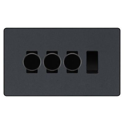BG Evolve Matt Grey 4 Gang Light Switch 3x Trailing Edge LED Dimmer 1x 2 Way Custom Switch by British General (Evolve-MG-CUSTOM-4GANG-3x-DIMMER-1x-2WAY)