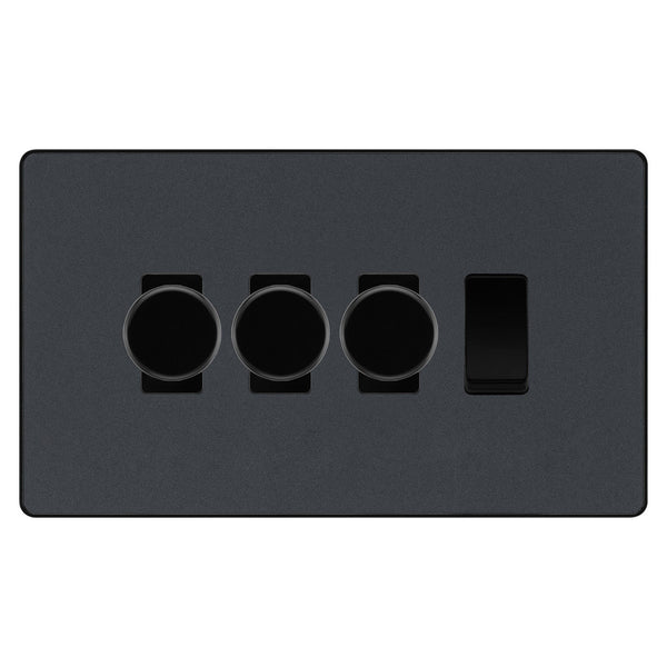 BG Evolve Matt Grey 4 Gang Light Switch 3x Trailing Edge LED Dimmer 1x 2 Way Custom Switch