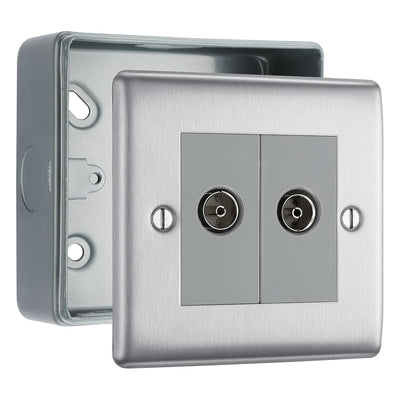 BG Nexus Metal Brushed Steel 2 Gang Co-Axial Socket & Surface Pattress Back Box by British General (BG-NBS61+MC501)