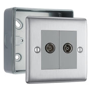 BG Nexus Metal Brushed Steel 2 Gang Co-Axial Socket & Surface Pattress Back Box by British General (BG-NBS61+MC501)