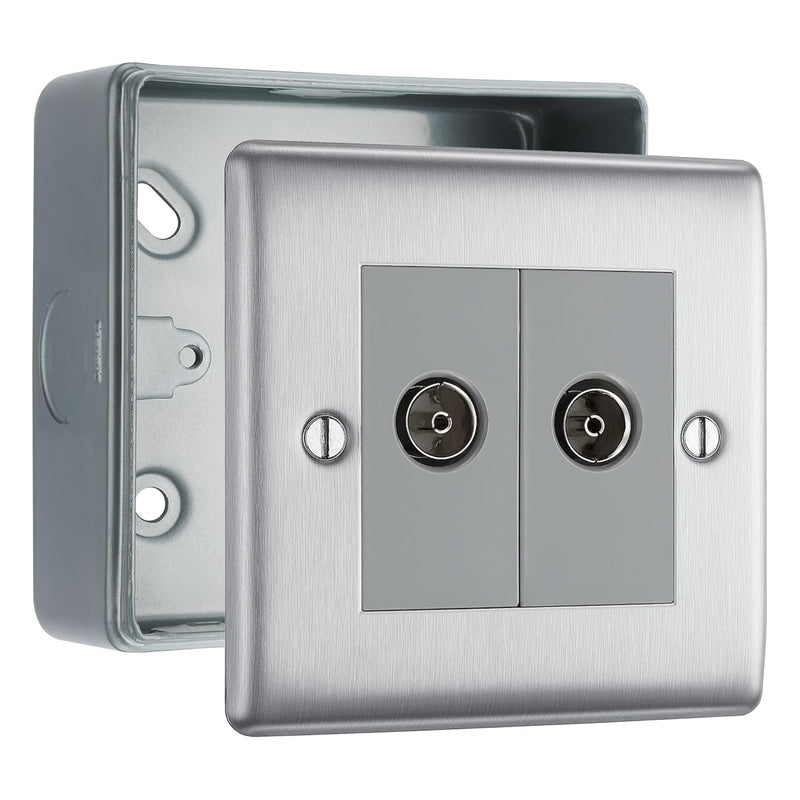 BG Nexus Metal Brushed Steel 2 Gang Co-Axial Socket & Surface Pattress Back Box