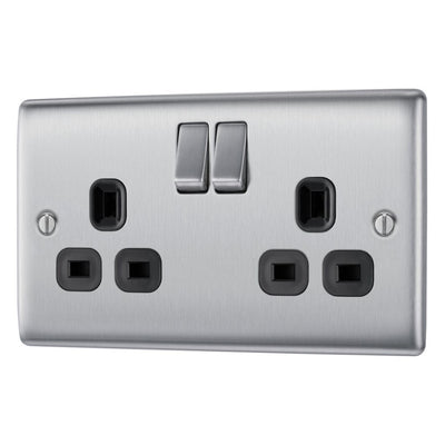 BG Nexus Metal Brushed Steel 13A Double Socket NBS22B with 25mm Steel Back Box