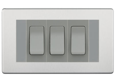 BG Brushed Steel Screwless 3 Gang Intermediate Light Switch Custom Grid - Grey Insert