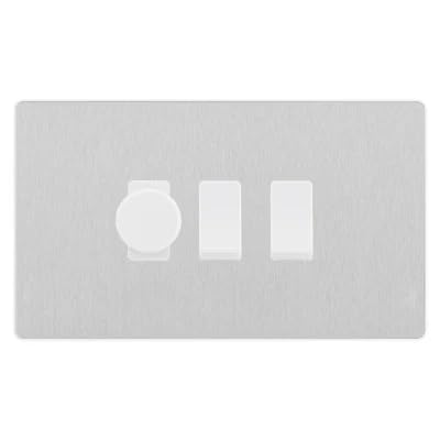 BG Evolve Brushed Steel 3 Gang Light Switch Grid – 1x Trailing-Edge LED Dimmer, 1x Intermediate, 1x 2-Way Switch by British General (BG-Evolve-BS-3G-1x-Dimmer-1x-INT-1x-2Way)