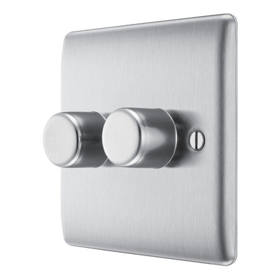 BG Nexus Brushed Steel 2-Way Double Trailing Edge Push Dimmer & Surface Pattress Back Box