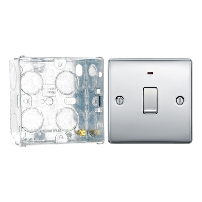 BG Nexus Polished Chrome 1 Gang 20A 2 Pole Neon Switch NPC31 with 35mm Steel Back Box