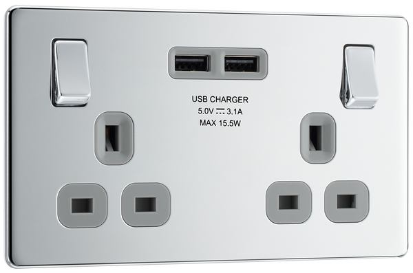 FPC22U3G Front - This completely screwless and slimline flat plate 13A double power socket from British General comes with two USB charging ports, allowing you to plug in an electrical device and charge mobile devices simultaneously without having to sacrifice a power socket. 