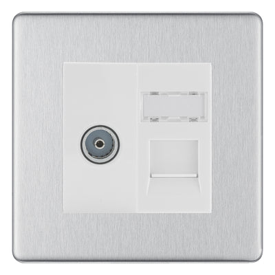 BG Screwless Brushed Steel TV Aerial & RJ45 CAT6 Data Socket - White Insert