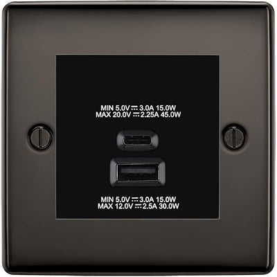 BG Nexus Black Nickel 45W USB Wall Socket Euro Module USB-A & C - Black Insert by British General (BG-NBNEMS2+EMUSBAC45B)