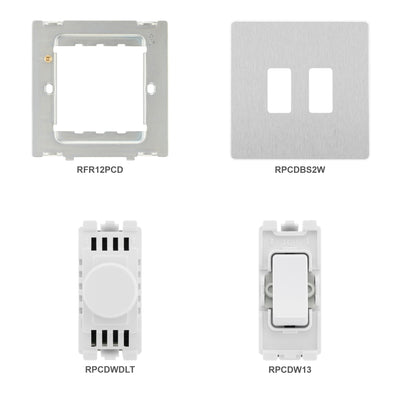 BG Evolve Brushed Steel 2 Gang Switch 1x Dual Mode LED Dimmer 1x Intermediate Custom Grid Switch