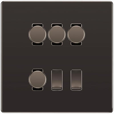 BG Screwless Black Nickel 6 Gang Light Switch 4x Trailing Edge LED Dimmer, 1x Intermediate, 1x 2-Way Switch by British General (BG-SCRL-BN-6G-4x-Dimmer-1x-INT-1x-2Way)