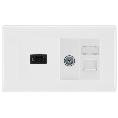 BG Nexus White Moulded Media Wall Plate TV Aerial, HDMI & CAT6 Outlet - White Insert by British General