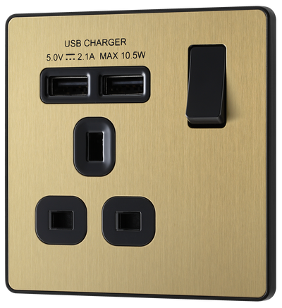 BG Evolve PCDSB21U2B Satin Brass 1 Gang 13A 2x-A Socket-Black Insert
