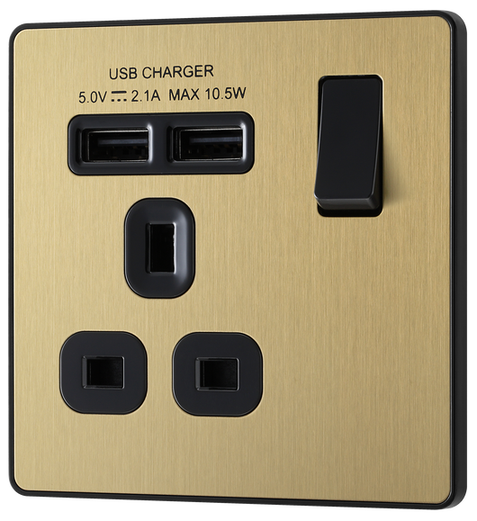 PCDSB21U2B Front - This Evolve Satin Brass 13A single power socket from British General comes with two USB charging ports, allowing you to plug in an electrical device and charge mobile devices simultaneously without having to sacrifice a power socket.