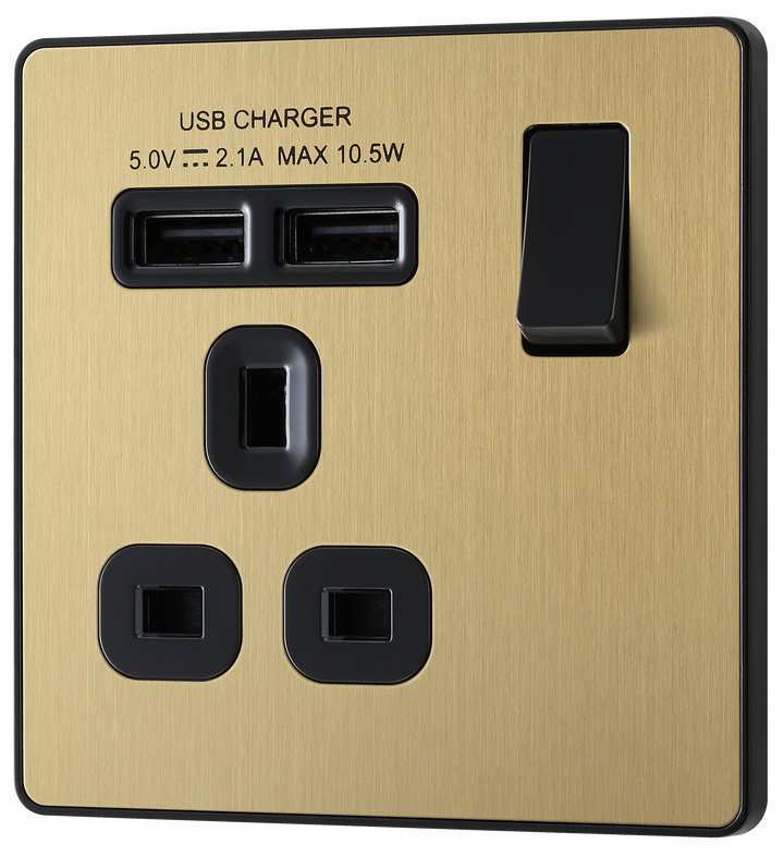 PCDSB21U2B Front - This Evolve Satin Brass 13A single power socket from British General comes with two USB charging ports, allowing you to plug in an electrical device and charge mobile devices simultaneously without having to sacrifice a power socket.