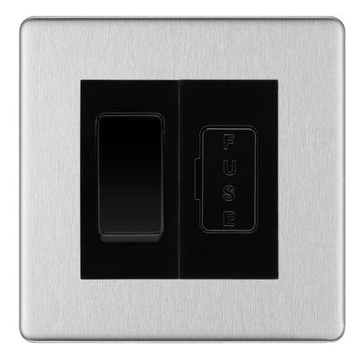 BG Flatplate Screwless Brushed Steel 20A Double Pole Switch & 13A Fused Spur Plate | Black Insert