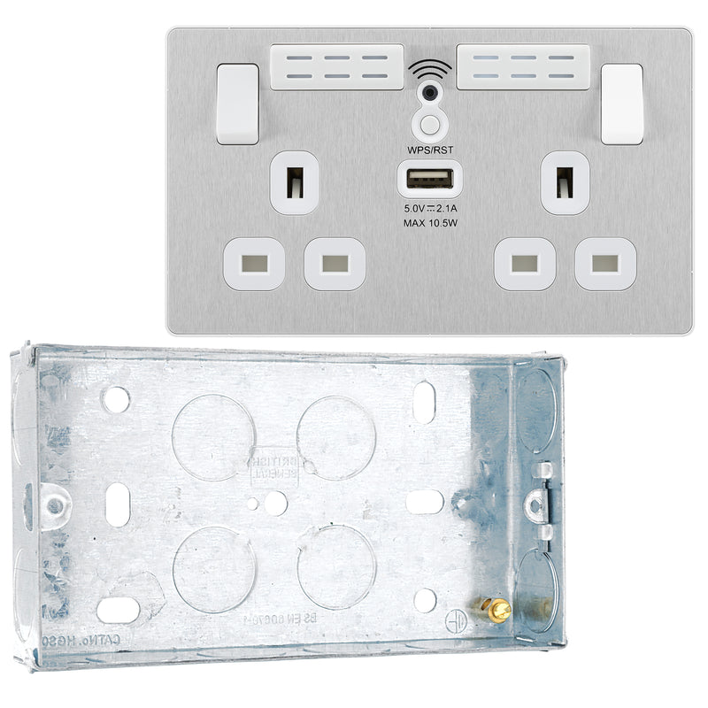 BG Evolve Brushed Steel 13A Double USB Socket with WiFi Extender PCDBS22UWRW with 25mm Steel Back Box