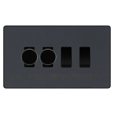 BG Evolve Matt Grey 4 Gang Switch 2x Trailing Edge LED Dimmer 2x Intermediate Custom Grid Switch by British General (BG-Evolve-MG-4G-CUSTOM-2x-Dimmer-2x-INT)