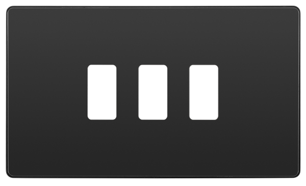 RPCDBC3B Front - The Grid modular range from British General allows you to build your own module configuration with a variety of combinations and finishes. This black chrome finish Evolve front plate clips on for a seamless finish, and can accommodate 3 Grid modules - ideal for switches and other domestic applications.