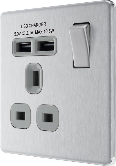 FBS21U2G Front - This completely screwless and slimline flat plate 13A single power socket from British General comes with two USB charging ports allowing you to plug in an electrical device and charge mobile devices simultaneously without having to sacrifice a power socket.