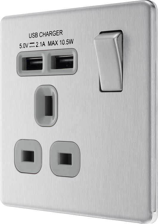 FBS21U2G Front - This completely screwless and slimline flat plate 13A single power socket from British General comes with two USB charging ports allowing you to plug in an electrical device and charge mobile devices simultaneously without having to sacrifice a power socket.