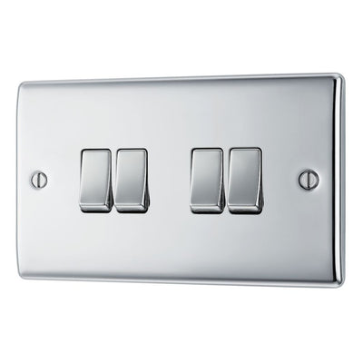 BG Nexus Polished Chrome 4 Gang 20A 16AX 2 Way Light Switch NPC44 with 35mm Steel Back Box