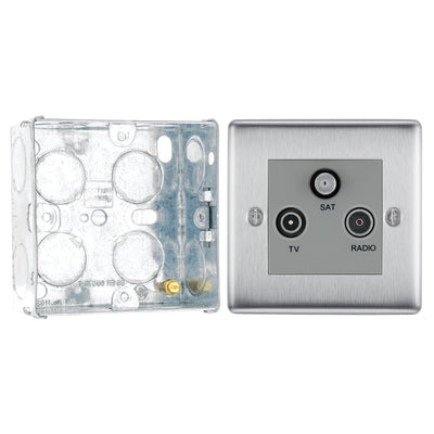 BG Nexus Brushed Steel Triplex TV/FM/Sat Socket NBS67 with 35mm Steel Back Box