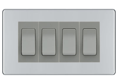 BG Electrical Screwless Polished Chrome 4-Gang Light Switch 1x 2-Way + 3x Intermediate – Grey Inserts by British General (BG-SCRL-PC-4G-Combo-3x INT-1x 2WAY-GR)
