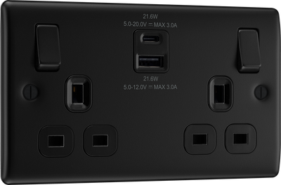 BG Nexus NFB22UAC22B 2 Gang Matt Black Switched Plug Socket 13A - With USB