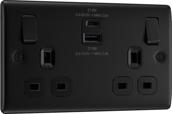 BG Nexus NFB22UAC22B 2 Gang Matt Black Switched Plug Socket 13A - With USB