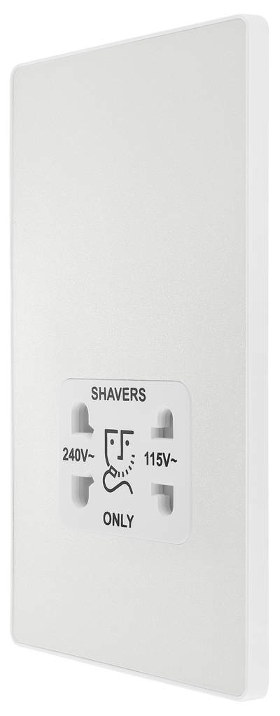 PCDCL20W Side - This Evolve pearlescent white dual voltage shaver socket from British General is suitable for use with 240V and 115V shavers and electric toothbrushes.