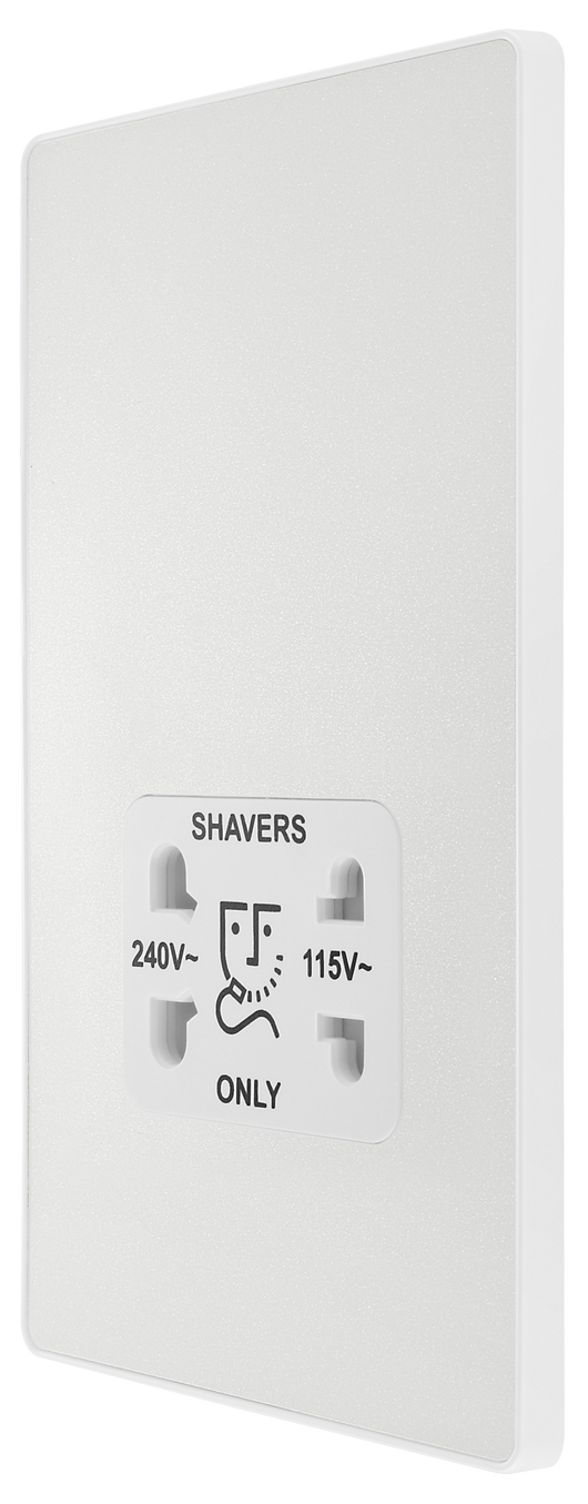 PCDCL20W Side - This Evolve pearlescent white dual voltage shaver socket from British General is suitable for use with 240V and 115V shavers and electric toothbrushes.