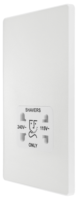 PCDCL20W Side - This Evolve pearlescent white dual voltage shaver socket from British General is suitable for use with 240V and 115V shavers and electric toothbrushes.