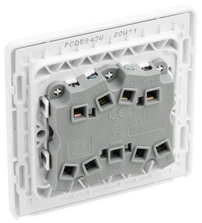 BG PCDBS43W Brushed Steel Evolve 3 Gang 20A 16AX 2 Way Light Switch - White Insert