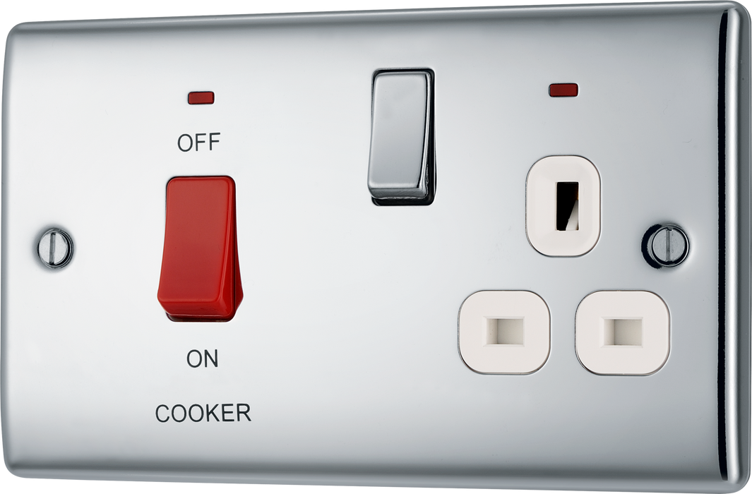 NPC70W Front - This 45A cooker control unit from British General includes a 13A socket for an additional appliance outlet, and has flush LED indicators above the socket and switch.