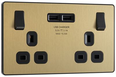 BG Evolve PCDSB22U3B Satin Brass 2 Gang 13A 2x3.1A Socket-Black Insert
