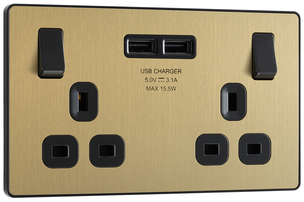 PCDSB22U3B Front - This Evolve Satin Brass 13A double power socket from British General comes with two USB charging ports, allowing you to plug in an electrical device and charge mobile devices simultaneously without having to sacrifice a power socket.